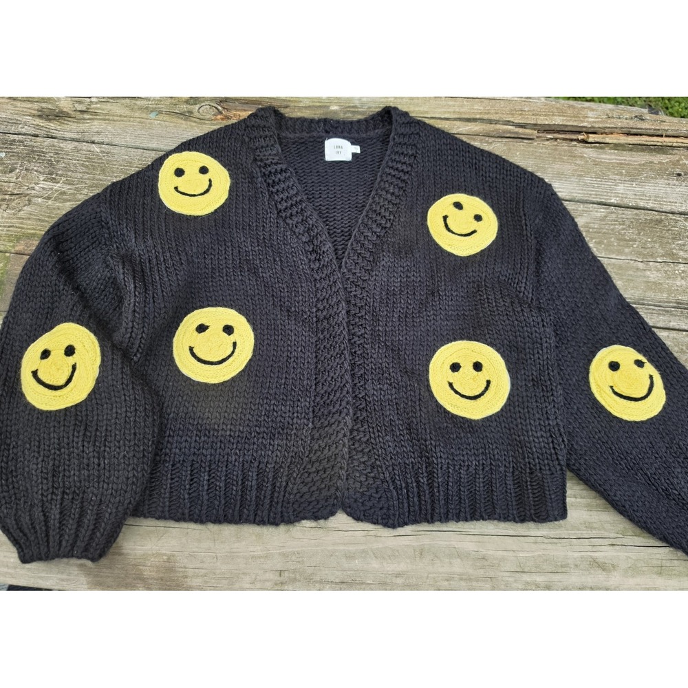 Luna Ivy Women L Smiley Face Cardigan Black Chunky Knit Oversized Y2K Happy...